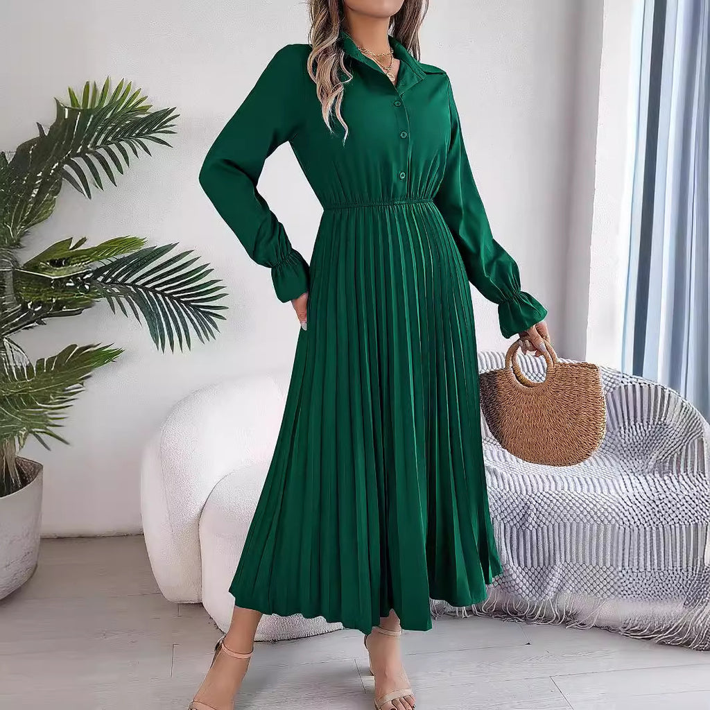 Autumn & Spring Long Sleeve Pleated Dress with Lapel and Button