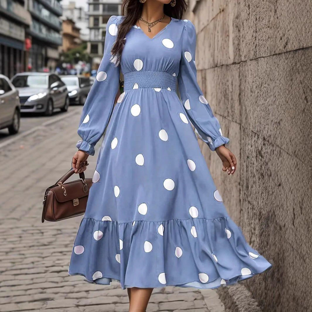 V-neck Long Sleeve Ruffled Hem Dress