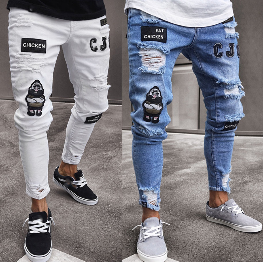 Knee Hole Zipper Pants with Cotton Fabric