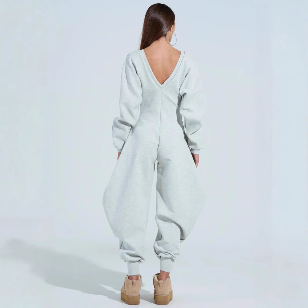 Sexy Long-Sleeve V-Neck Bodycon Jumpsuit