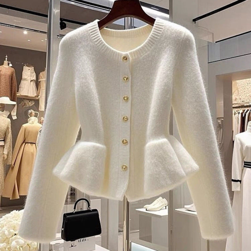 High-Grade White Waist-Tight Sweater Cardigan