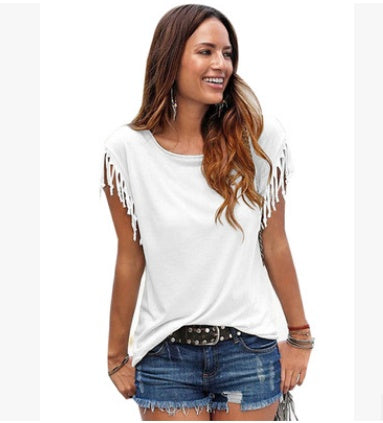 Ladies Big Size Round Neck Short Sleeve Tassel Cotton T-Shirt for US & Europe