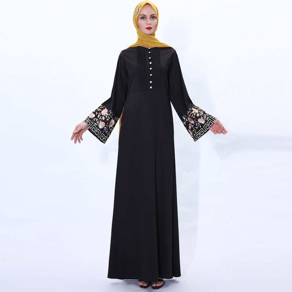 Retro Slim Muslim Women's Summer Dress with Embroidery