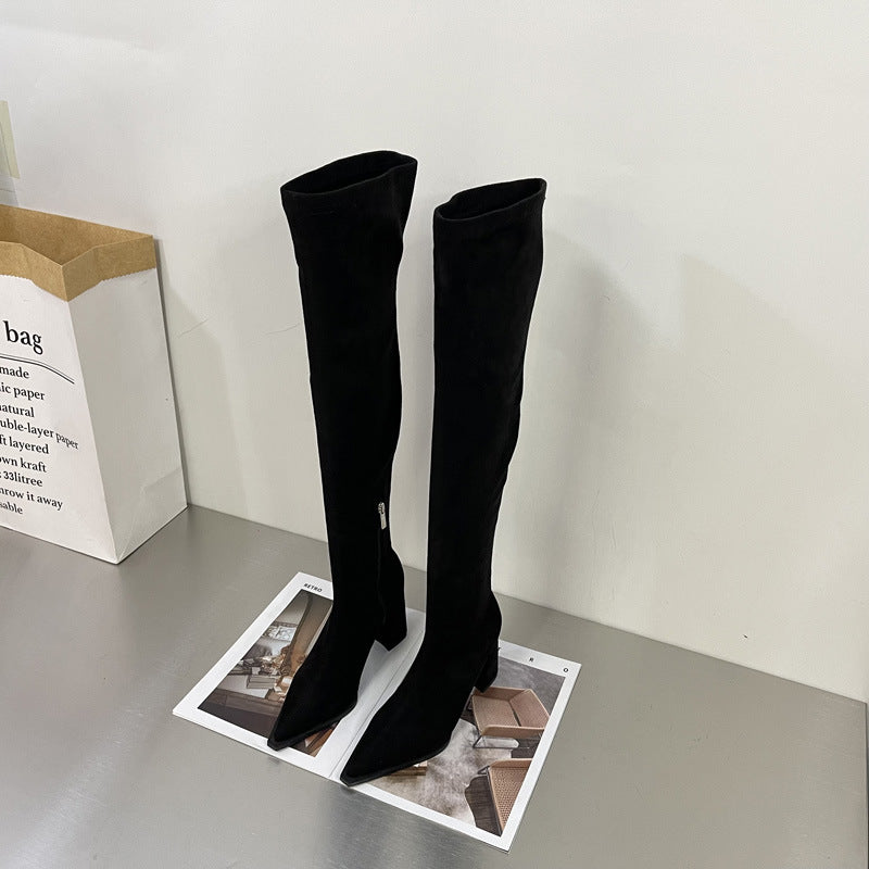 Chunky High Heel Over-the-Knee Suede Stretch Boots with Zipper