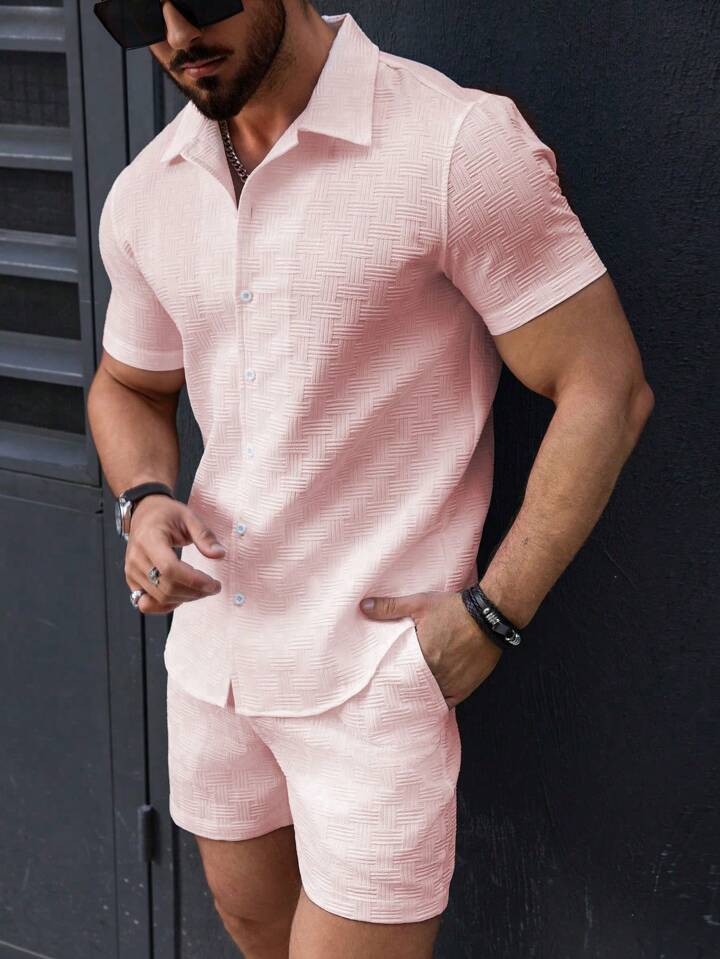 Leisure Breathable Beach Two Piece Suits Mens Summer Casual Short Sleeve Shirt And Shorts Men Outfits Vintage Textured Solid Set