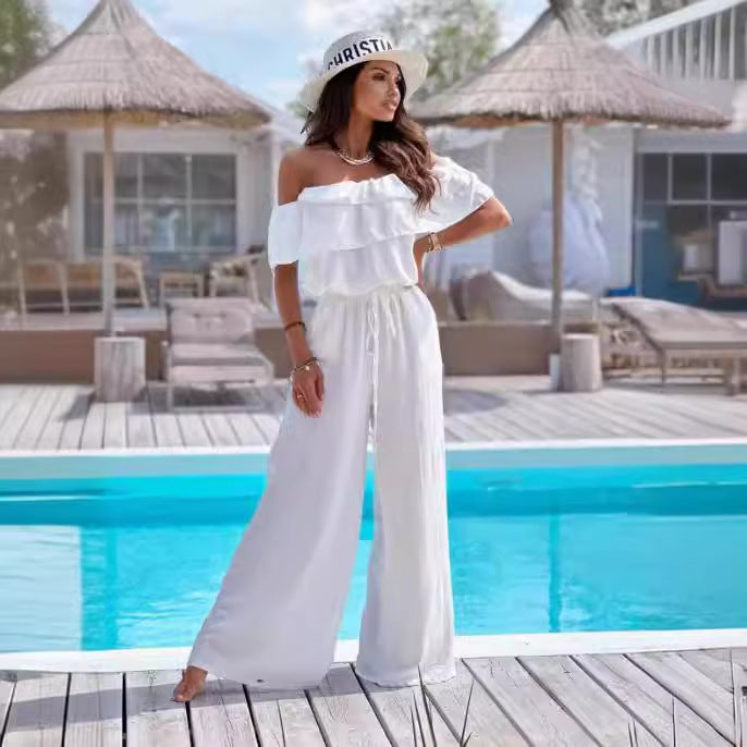 Ruffled Short Sleeves Elastic And Waisted Wide Leg Jumpsuit Trousers