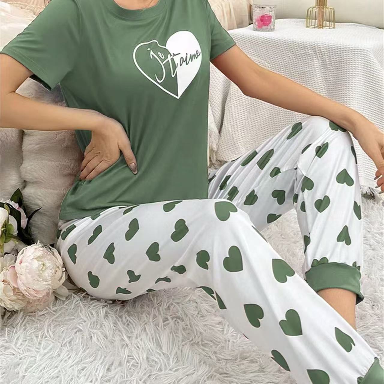 طقم بيجامة كاجوال مريح مع بنطال طويل باللونين الأحمر والأخضر، مقاسات S-XL
