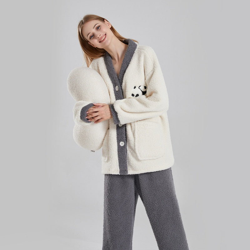 Winter Couple Pajamas Women Thickened Coral Fleece Half Velvet Cartoon Panda Suit