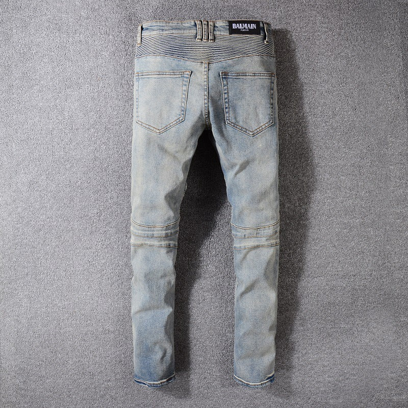 Jean de motard Coupe droite Taille mi-haute Effets d'abrasion et de vieillissement