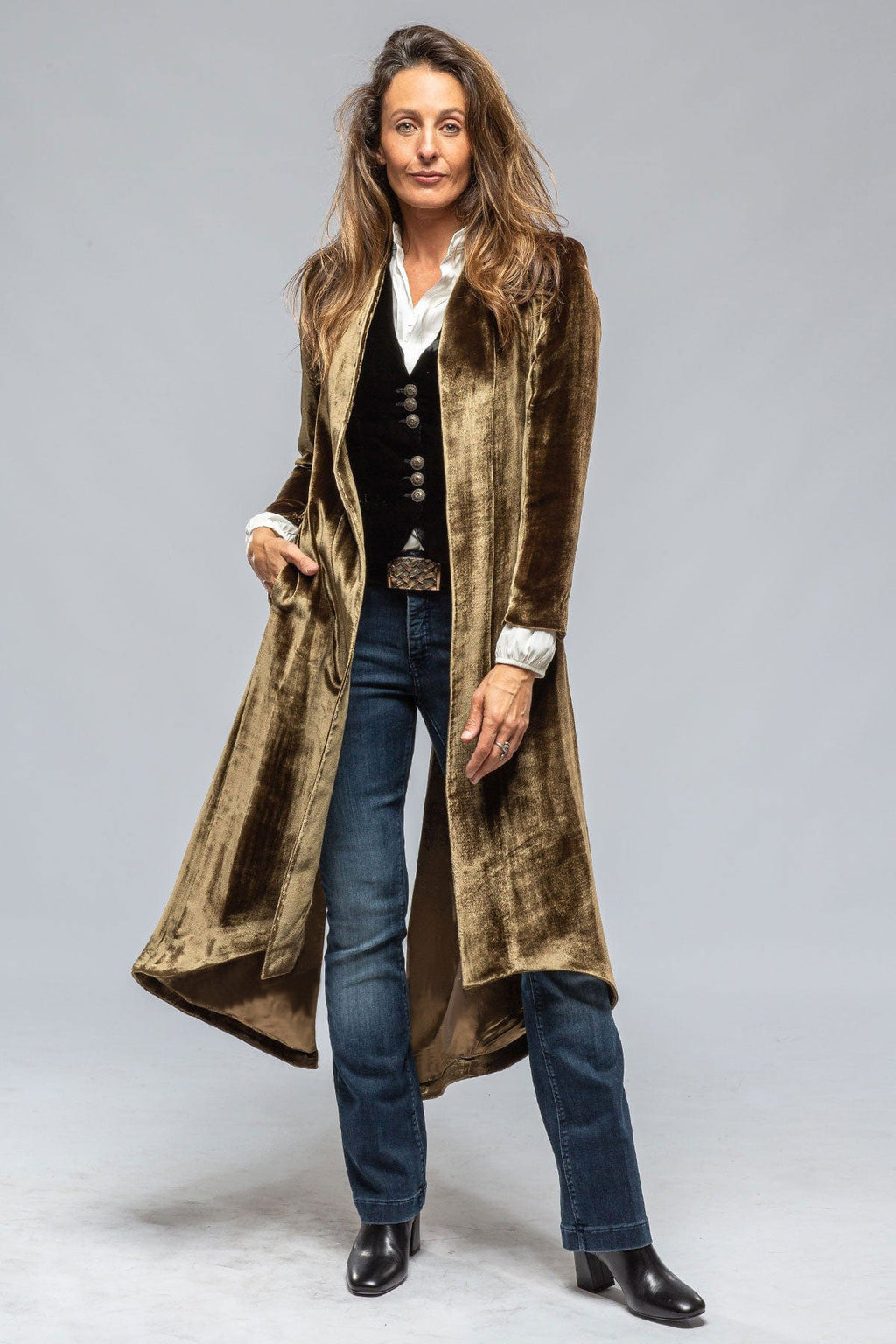 Women's Velvet Long Cardigan Solid Color Retro Split Trench Coat Loose Overcoat