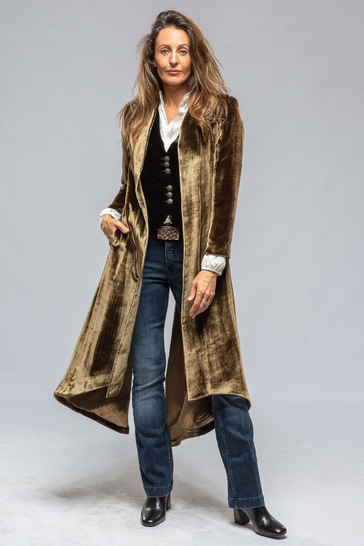 Women's Velvet Long Cardigan Solid Color Retro Split Trench Coat Loose Overcoat