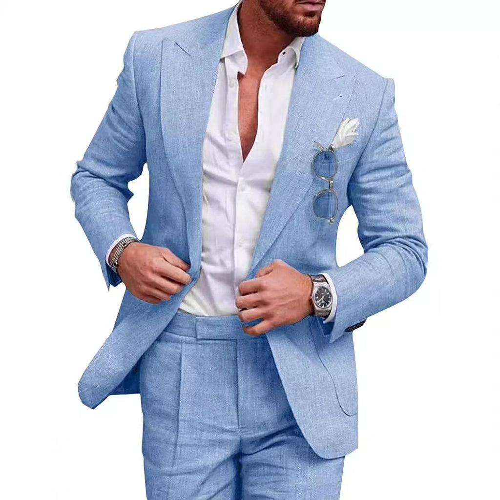 Ensemble costume deux pièces pour homme, coupe ajustée, couleur unie, un bouton