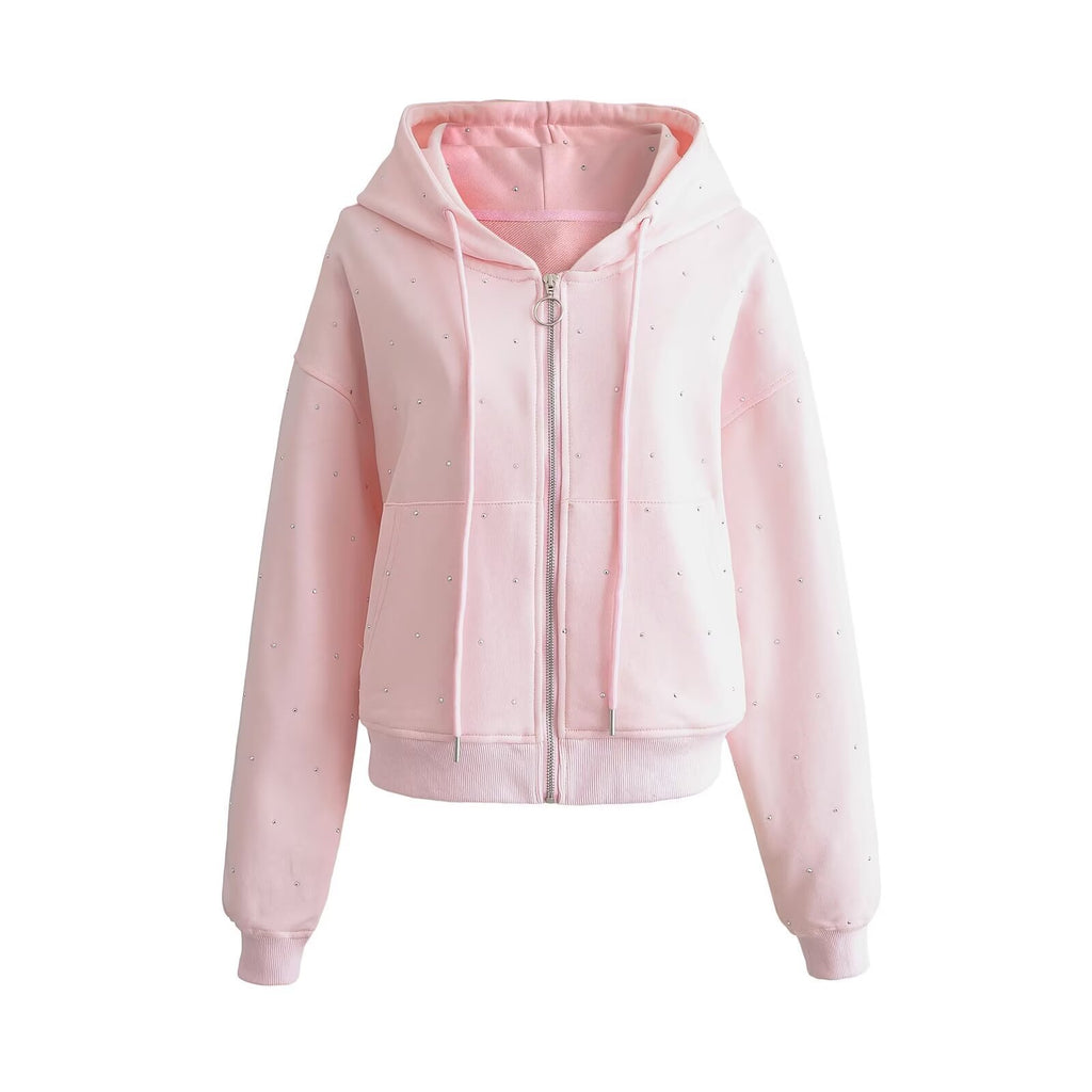 Gilet Cardigan Femme à Capuche avec Strass Étoilés et Cordons de Serrage