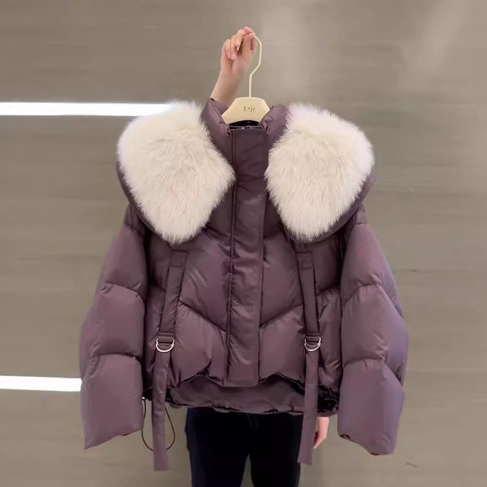 Manteau d'hiver matelassé en coton noir avec col en fourrure pour femme