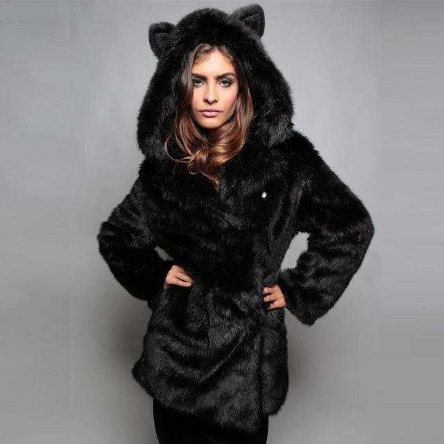 White Gray Black Plush Artificial Fur Coat in S-3XL