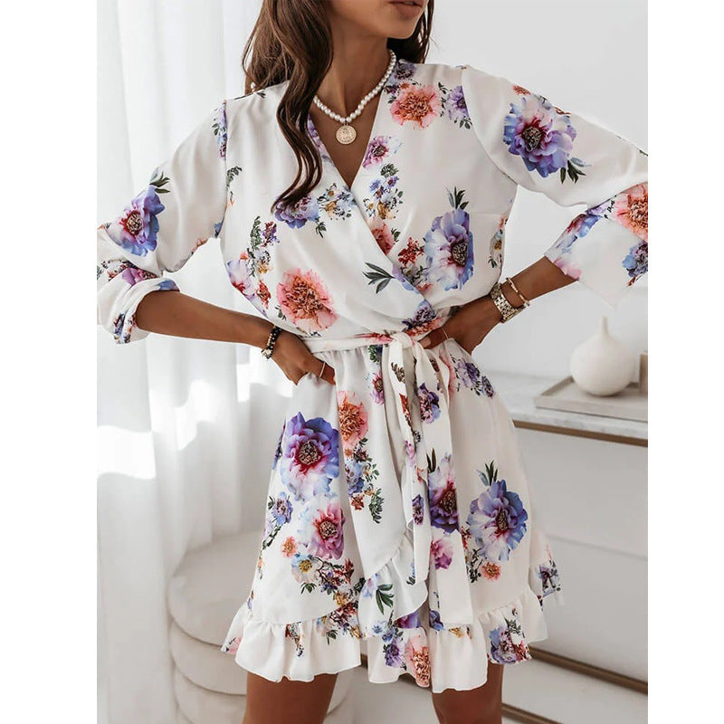 Robe trapèze asymétrique imprimée et volantée pour femme