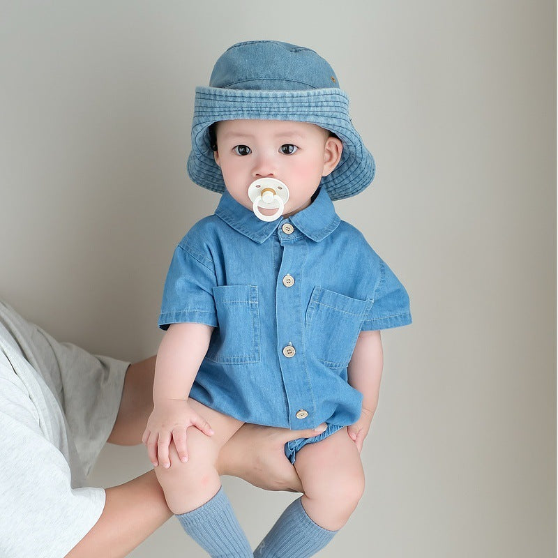 Baby Denim Thin Lapel Short Sleeve Jumpsuit