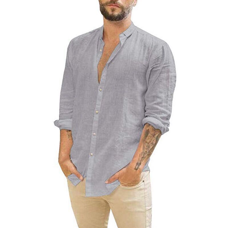 Solid Color Stand-Up Collar Loose Cotton Shirt