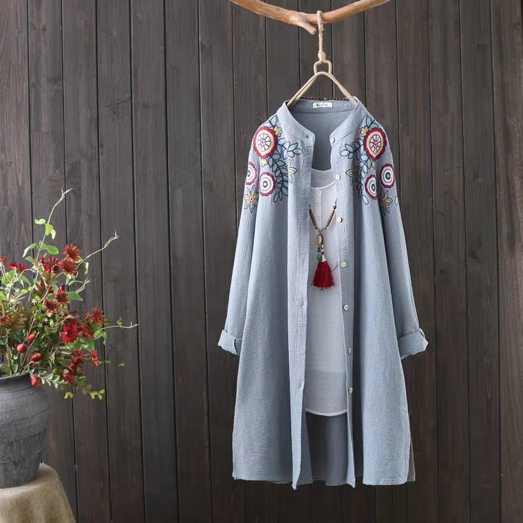 Ladies Mid-Length Loose Cotton Linen Embroidered Pullover Shirt