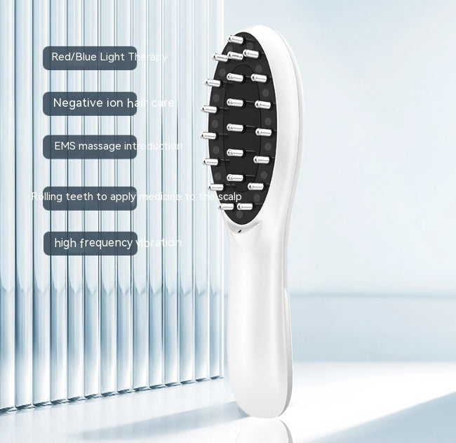 Electric Anion Hair Brush with Micro Current, Red & Blue Light, Vibration Massage - White, 198x55x35mm