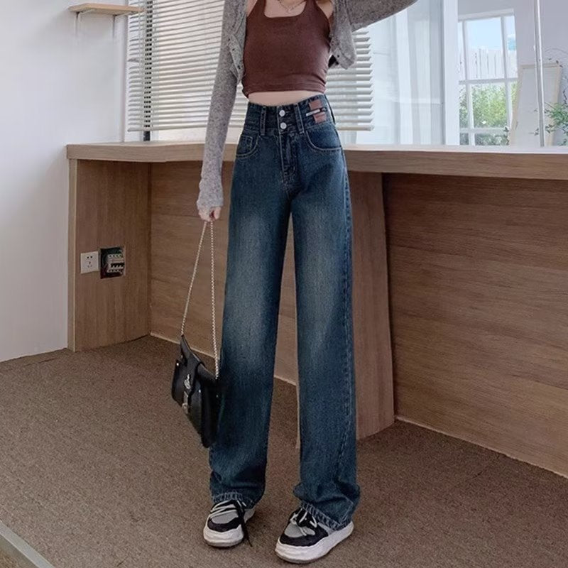 Retro Blue High Waist Straight Wide Leg Jeans Plus Size Women