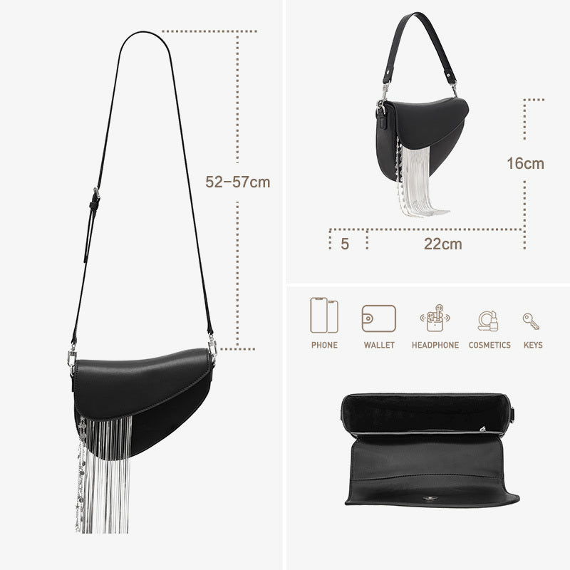 Cowhide Tassel Crossbody Bag with Magnetic Closure in Black
