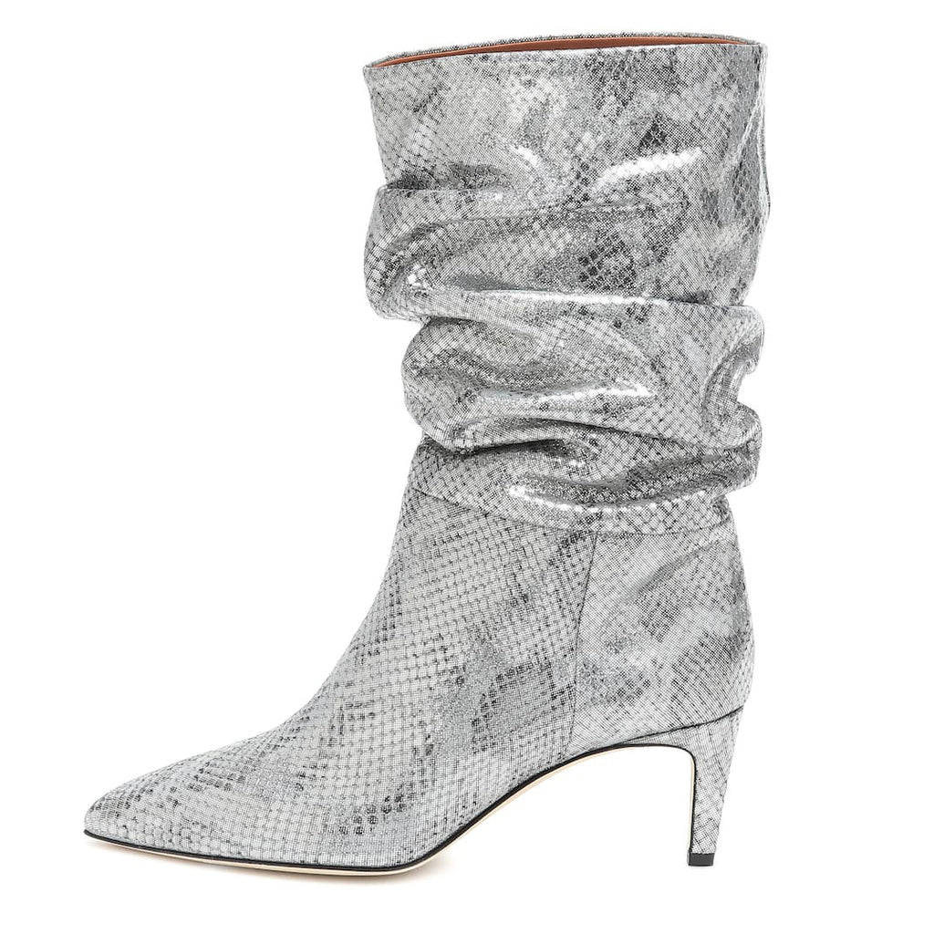 Bottes mi-hautes à talon aiguille et bout pointu pour femmes, imprimé serpent argenté et violet