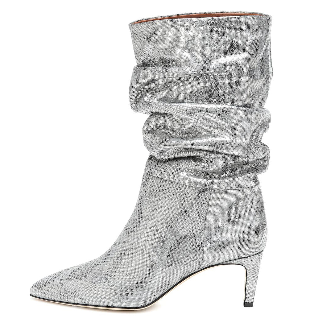 Bottes mi-hautes à talon aiguille et bout pointu pour femmes, imprimé serpent argenté et violet