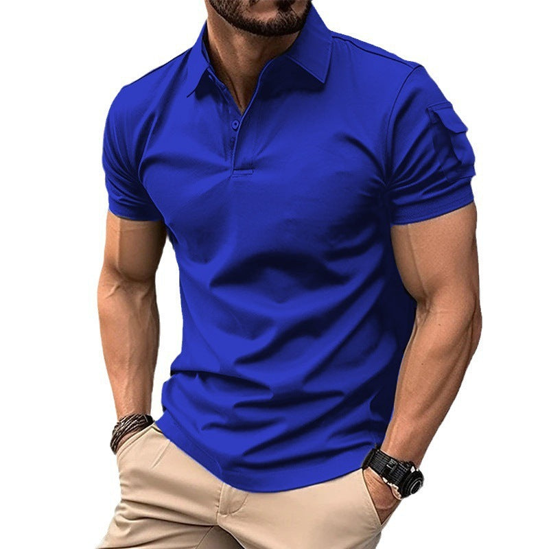 Sweat-shirt à manches courtes, col revers et poches boutonnées pour hommes