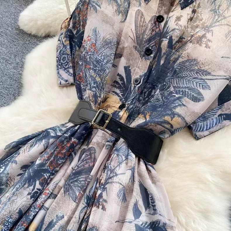 Robe en mousseline de soie élégante imprimée taille haute