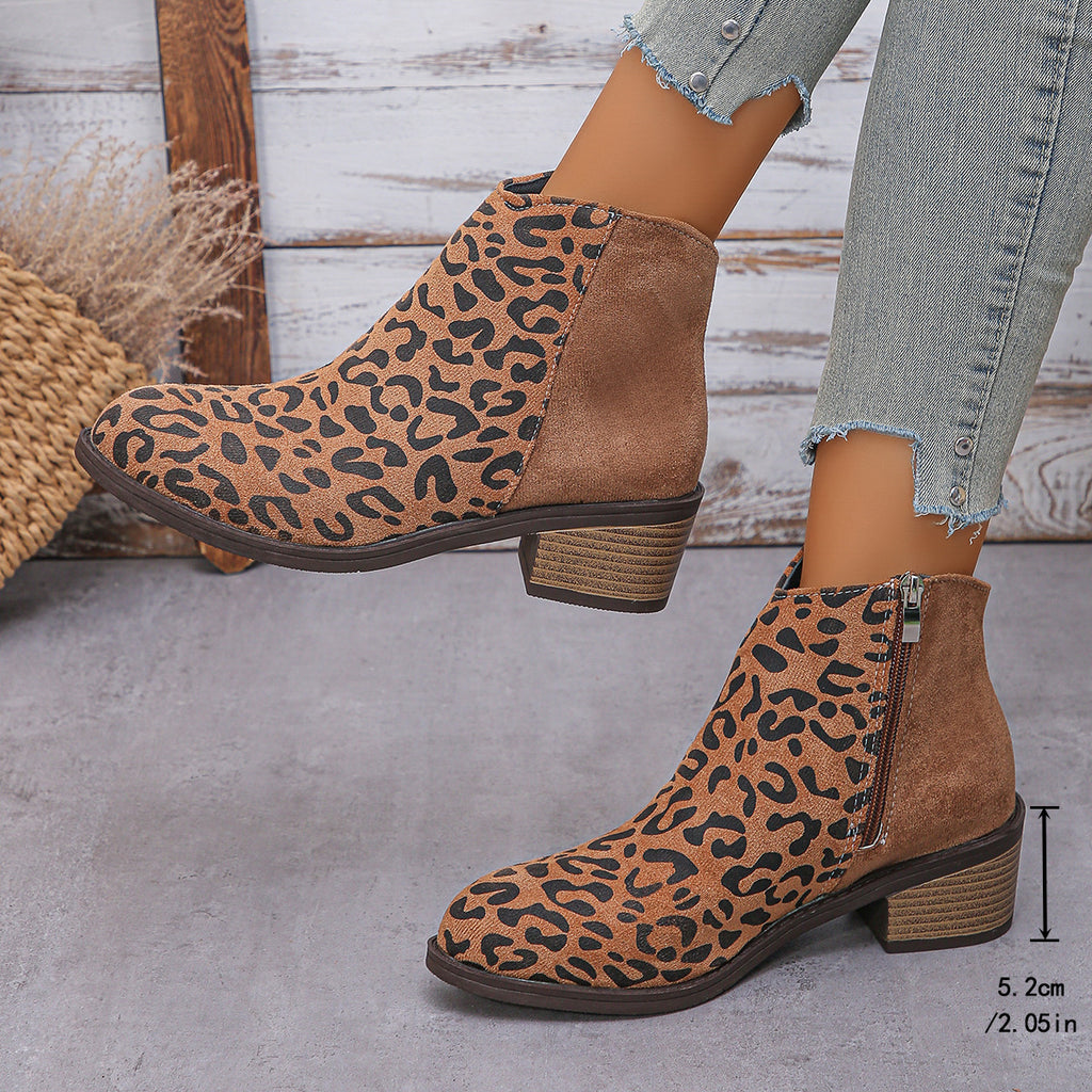 Bottes Chelsea d'hiver en daim imprimé léopard camel à talons mi-hauts pour femme