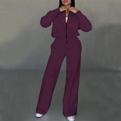 Women's Two-Piece Sports Suit Zipper Jacket & Wide Leg Pants
