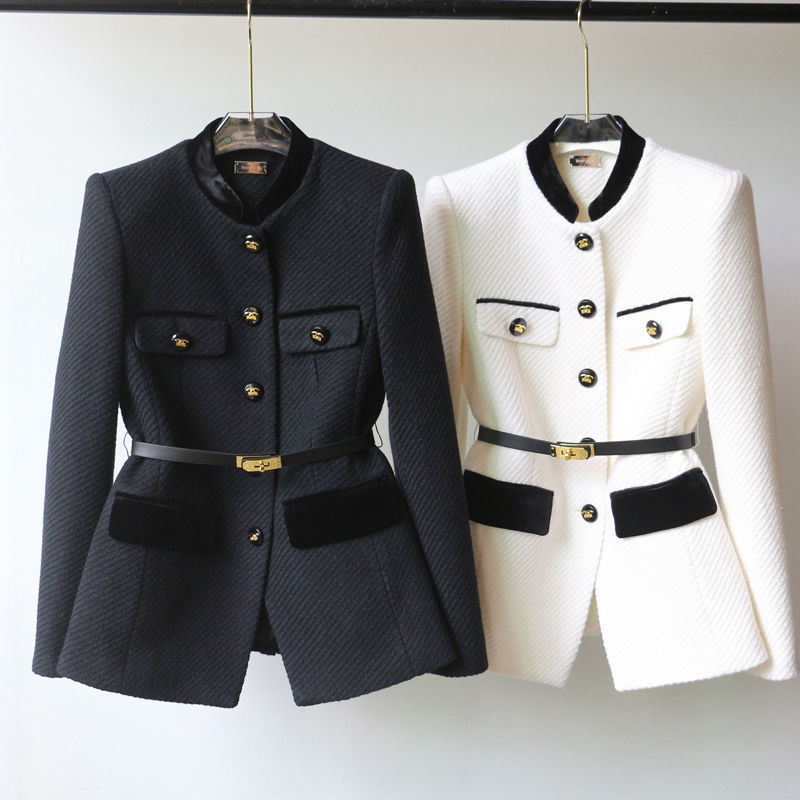 Women's Mid-Length Slimming Overcoat with Shoulder Detail in Black & White Cotton