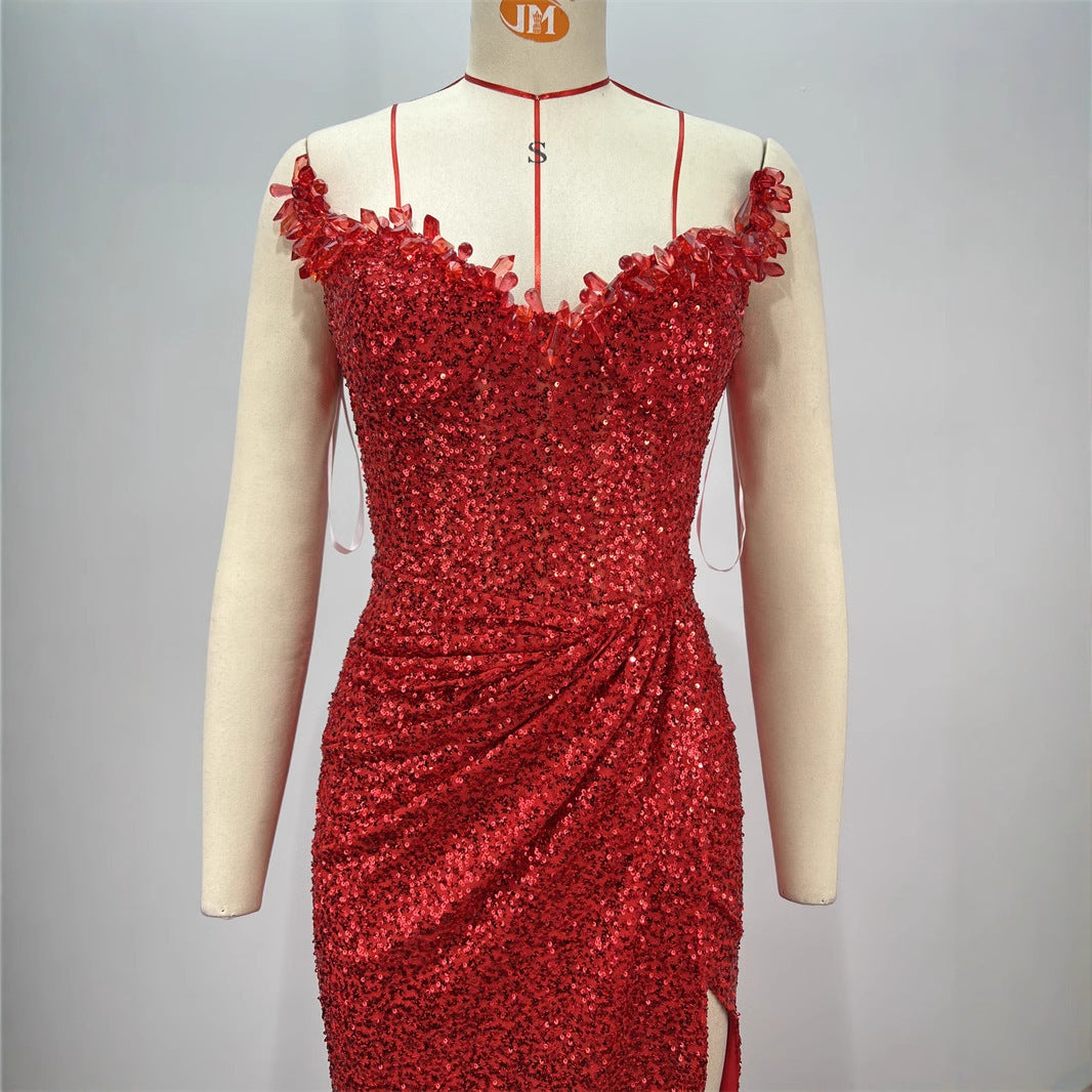 Red Drop-Shaped Diamond Low-Cut Sleeveless Paillette Dress