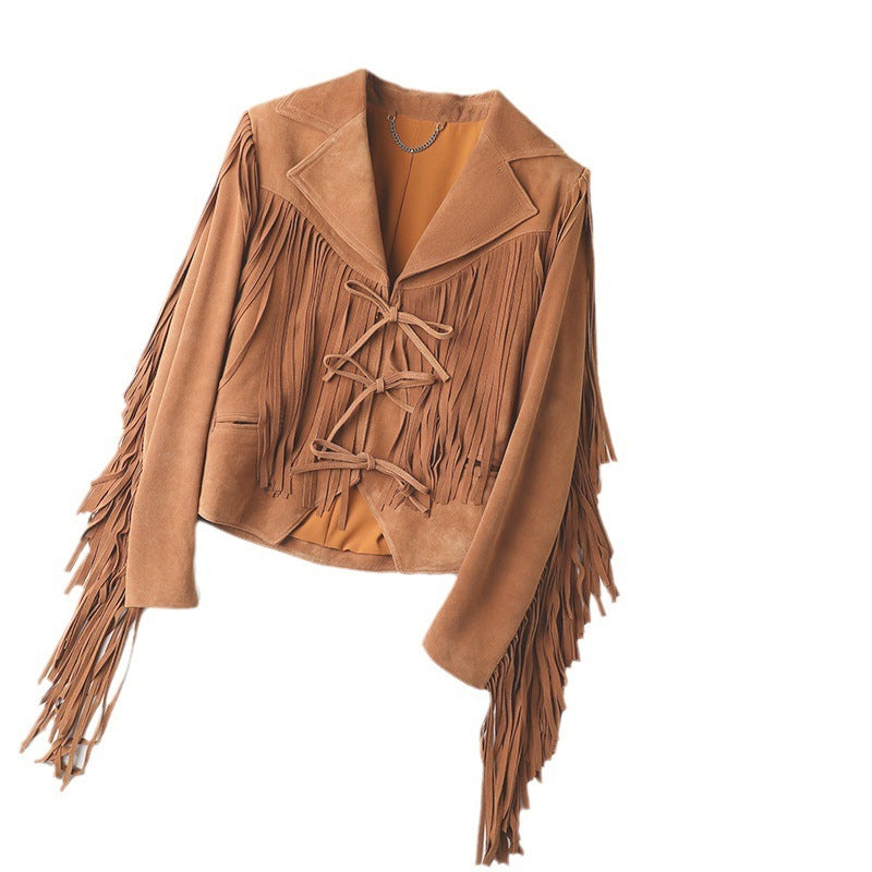 Veste courte de moto en daim peau de mouton cuir véritable à pompon