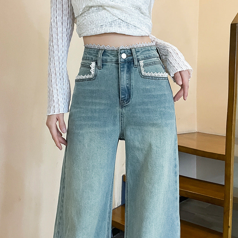 Jean large taille haute en dentelle pour femme
