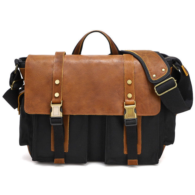 Sac bandoulière en toile cirée et cuir de vachette