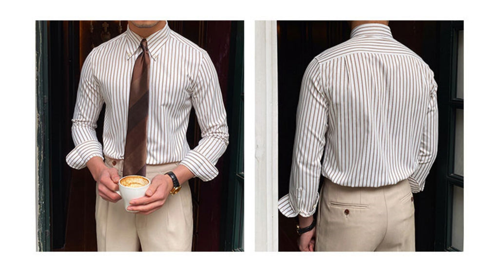 Chemise à Manches Longues Décontractée Slim Rayée Style Café Italien