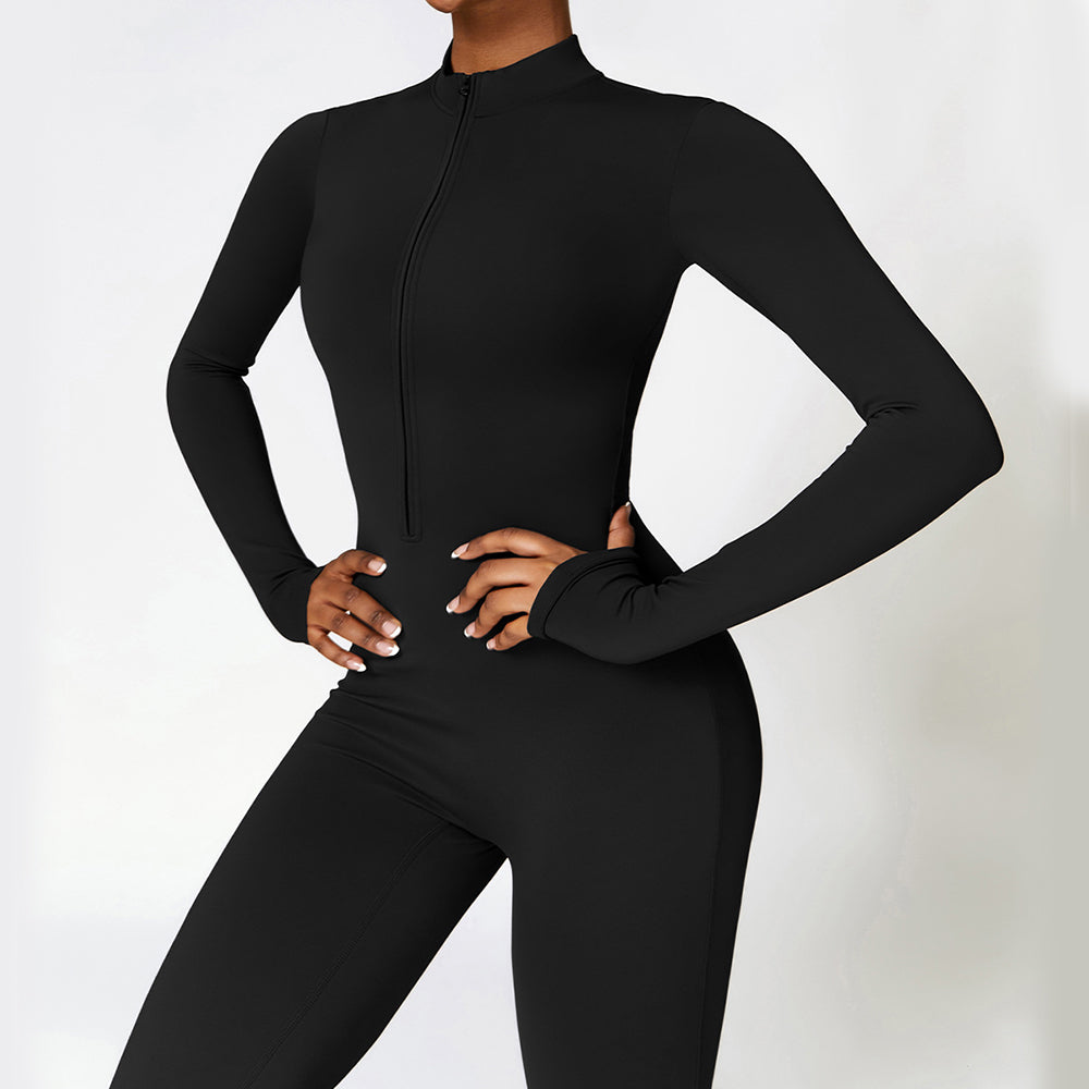 Warm Zipper Long-Sleeve Jumpsuit Yoga Fitness Sports Bodysuit for Women