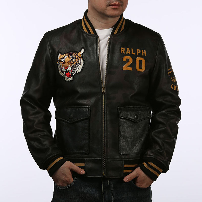 Men's Black Sheepskin Casual Standing Collar Leather Jacket