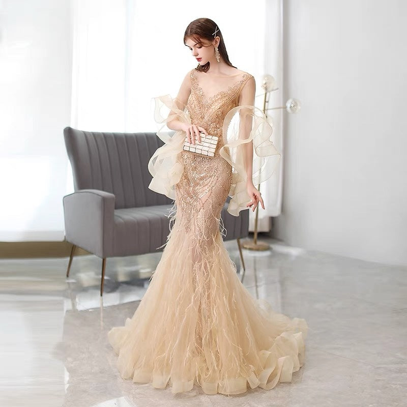 Golden Mermaid Evening Dress with Zipper, Mid Waist, 3/4 Sleeves, XXL Available