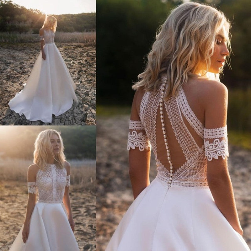 Robe de mariée vintage en satin et dentelle, style rétro Mori, jupe trapèze