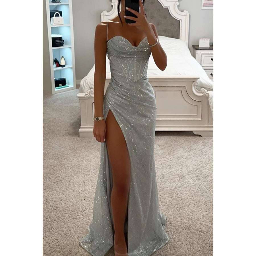 Robe longue d'été sexy à col en V fendue avec bretelles pour femmes