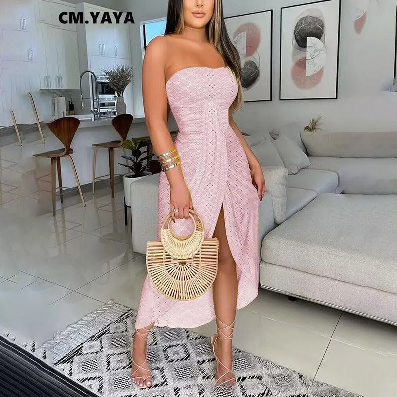 Robe bandeau femme taille haute fendue à motif géométrique