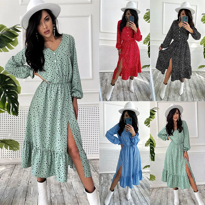 Women's V-neck Fashion Casual Polka Dot Long Dress Split Beach Dress