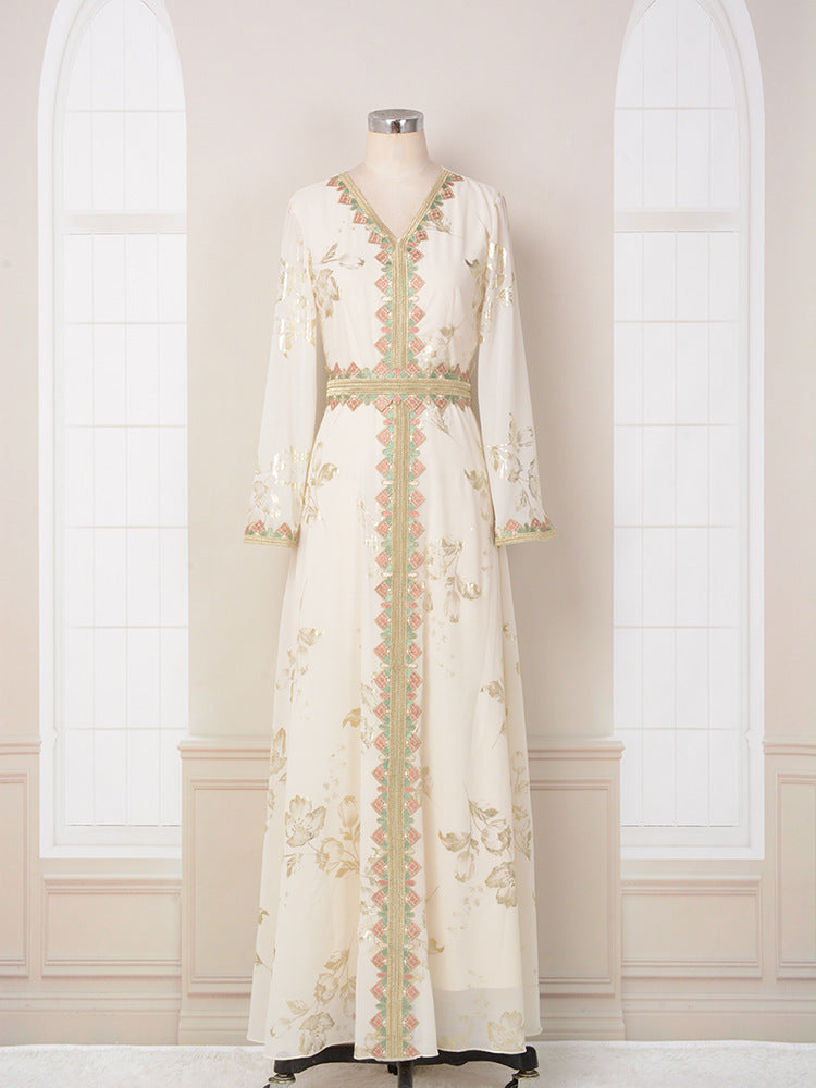 Women's White Muslim Robe with Bronzing Embroidery and Ruffles