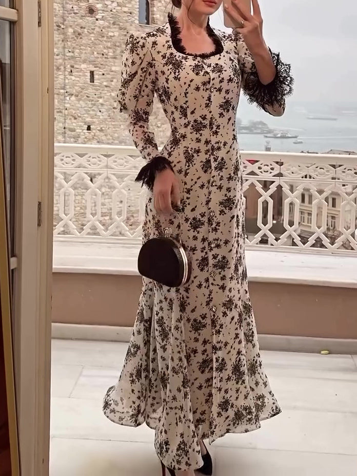 Elegant Print Lace Button Dress