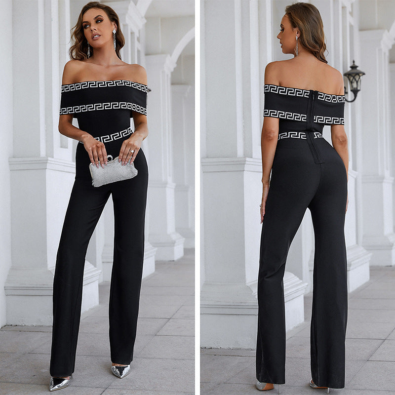 Women's Black Backless Fashion Jumpsuit with Vest and Straight Trousers