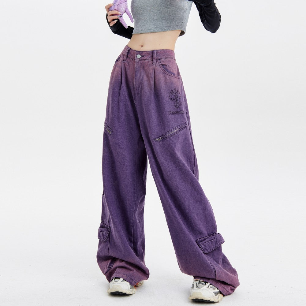 Pantalon large droit en jean enduit violet