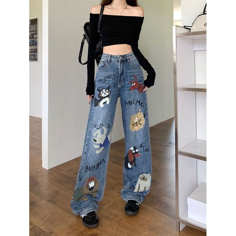 Jean taille haute en jean bleu avec graffitis style rétro américain pour femmes